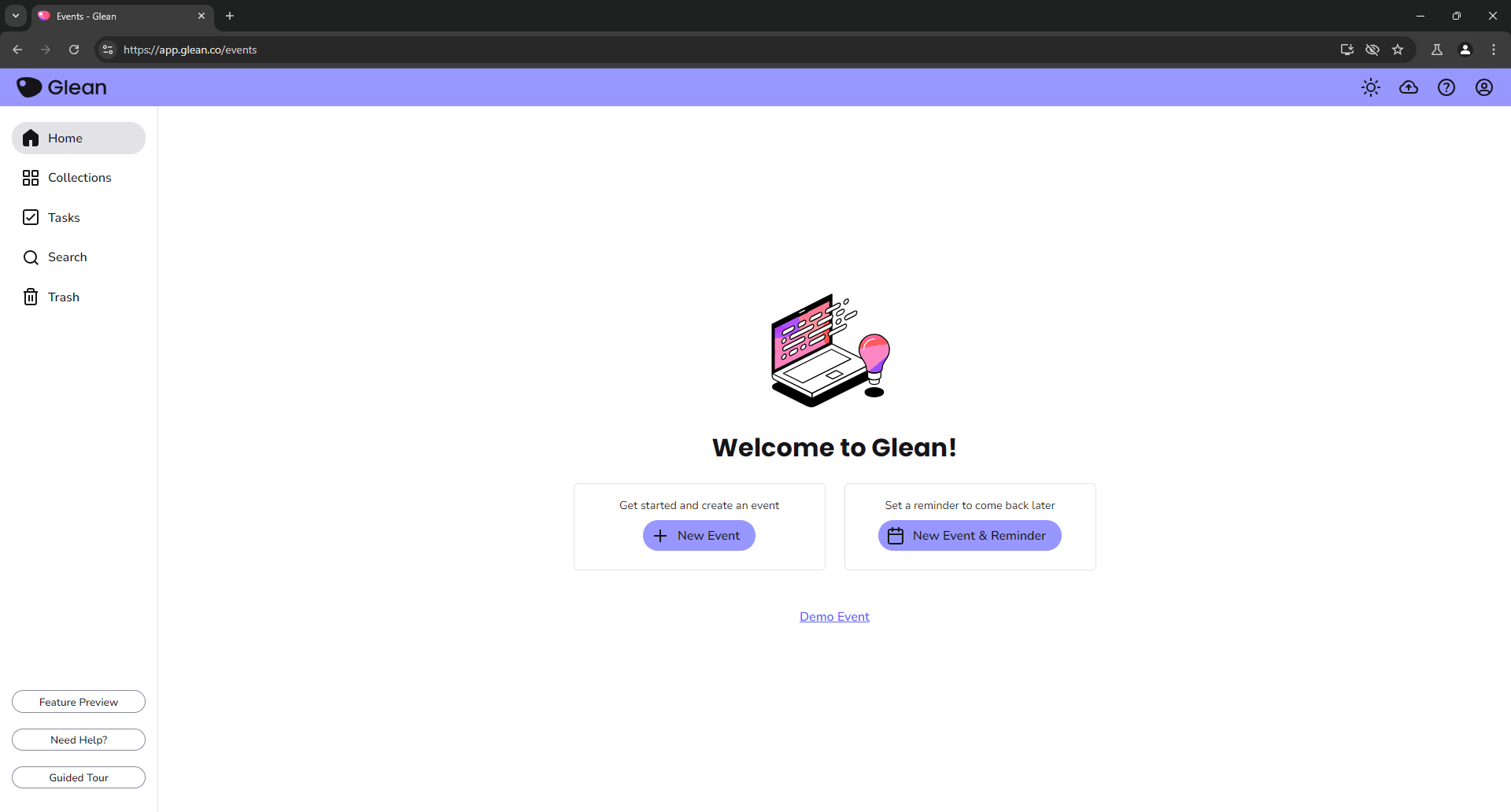 Screenshot of Glean starter page with the words 'Welcome to Glean!'