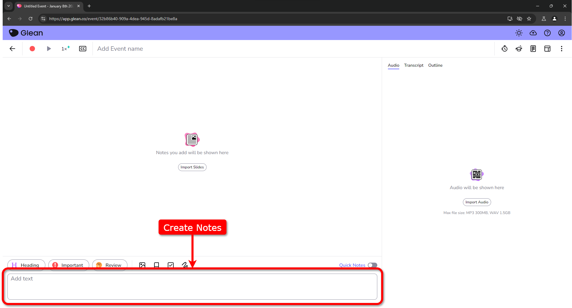 Screenshot of Glean in the event page, red callout box pointing to feature on the bottom. 'Create Notes'.