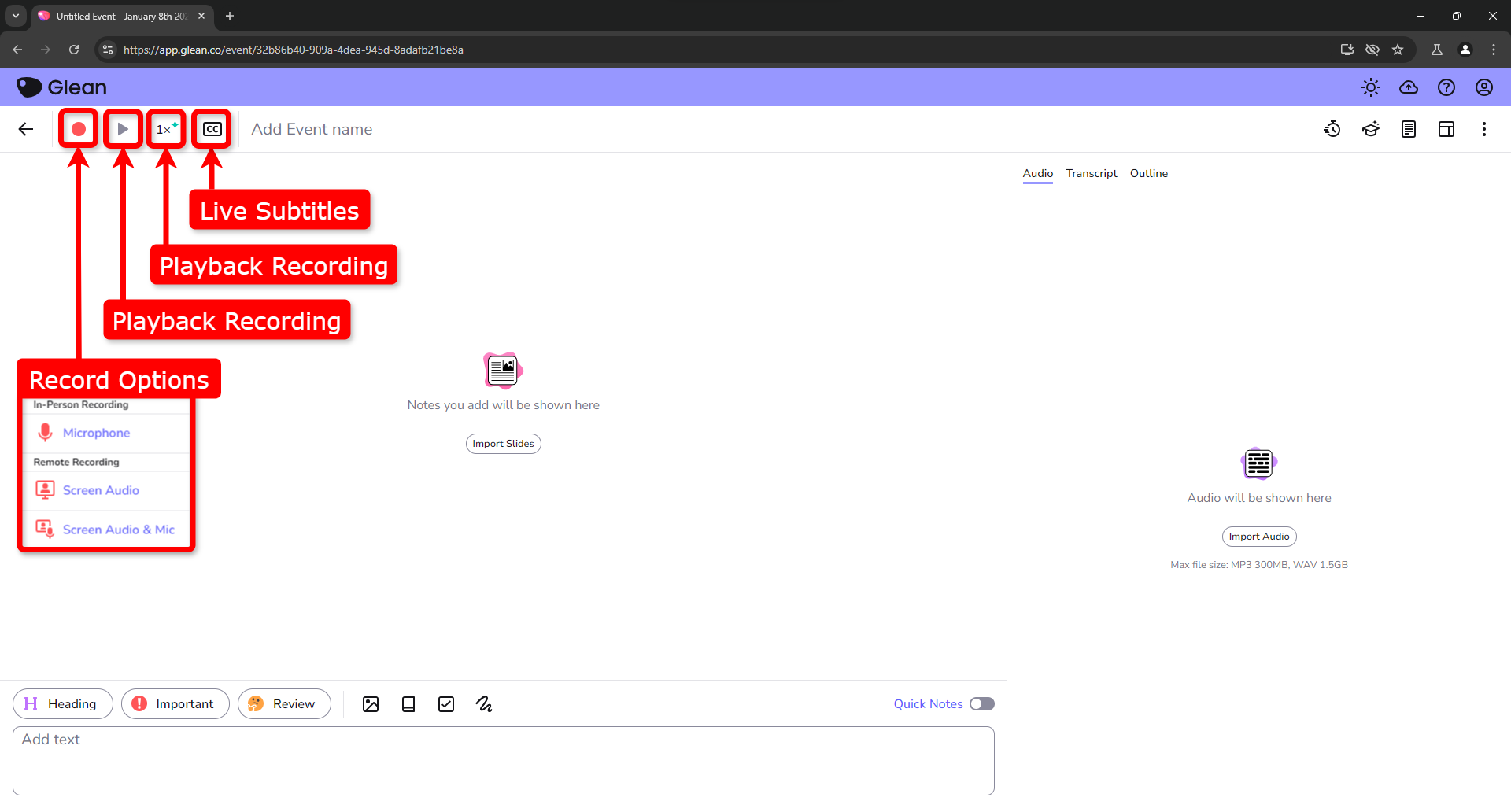 Screenshot of Glean in the event page, highlighting in red callout boxes pointing to features on the left side. Listing features 'Live Subtitles' (with 1x and 3x speed options), 'Playback Recording' (listed twice), and 'Record Options' with sub-options for 'In-Person Recording' (Microphone) and 'Remote Recording' (Screen Audio, Screen Audio and Mic)