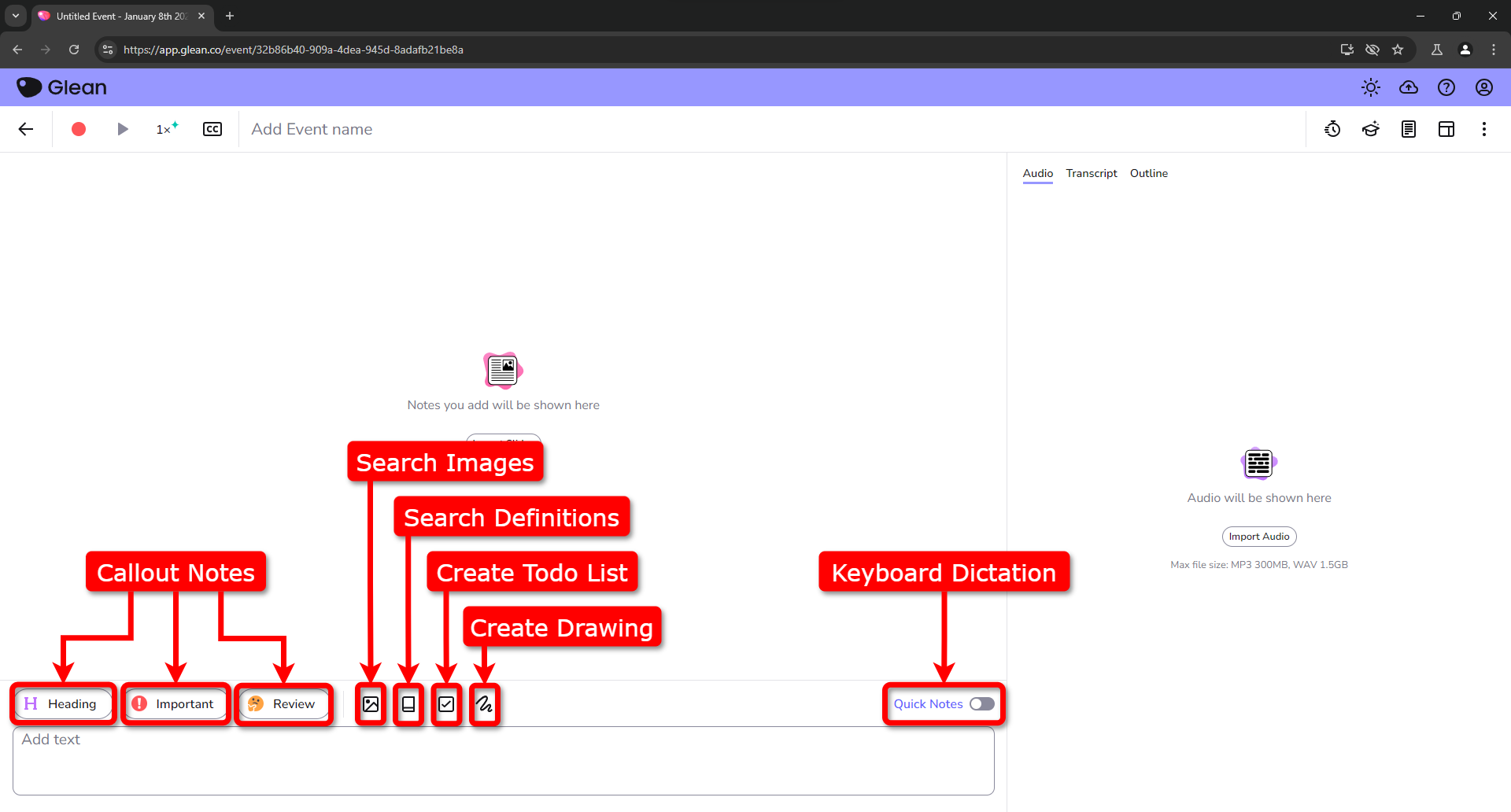 Screenshot of Glean in the event page, highlighting callout boxes pointing to features along the bottom. 'Callout Notes', 'Search Images', 'Search Definitions', 'Create Todo List', 'Create Drawing', and 'Keyboard Dictation'.