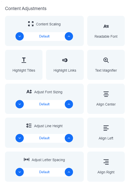 Screenshot of Jamworks various content accessibility adjustment options: scaling up or down, readable font style, highlighted titles and links, text magnifier for zooming in on text, adjustable font size, line height, and letter spacing with alignment options (center, left, right).