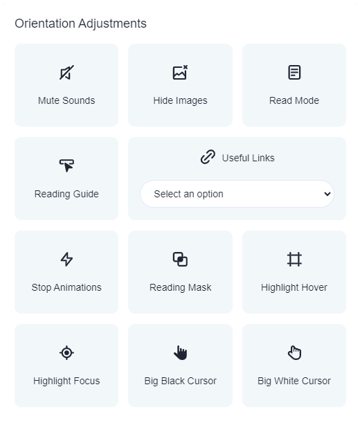 Screenshot of Jamworks various colour accessibility adjustment options: Mute sounds, Hide images, Read mode, Reading guide, Useful links, Stop animations, Reading mask, Highlight hover, Highlight focus, A large black cursor, and a large white cursor.