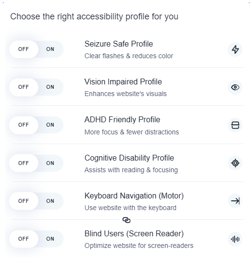 Screenshot of Jamworks six accessibility  profile adjustments: six website accessibility profiles: Seizure Safe, Vision Impaired, ADHD Friendly, Cognitive Disability, Keyboard Navigation (Motor), and Blind Users (Screen Reader).
