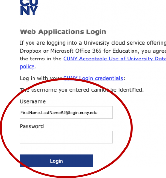 Second login, CUNY Web Applications Login, for entering CUNY First Username and Password.