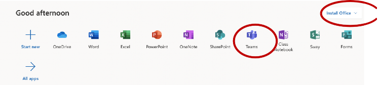 Microsoft Teams logo appearing in the Microsoft suite collection along with Word, Excel, PowerPoint and more. Install Office office is highlighted. 