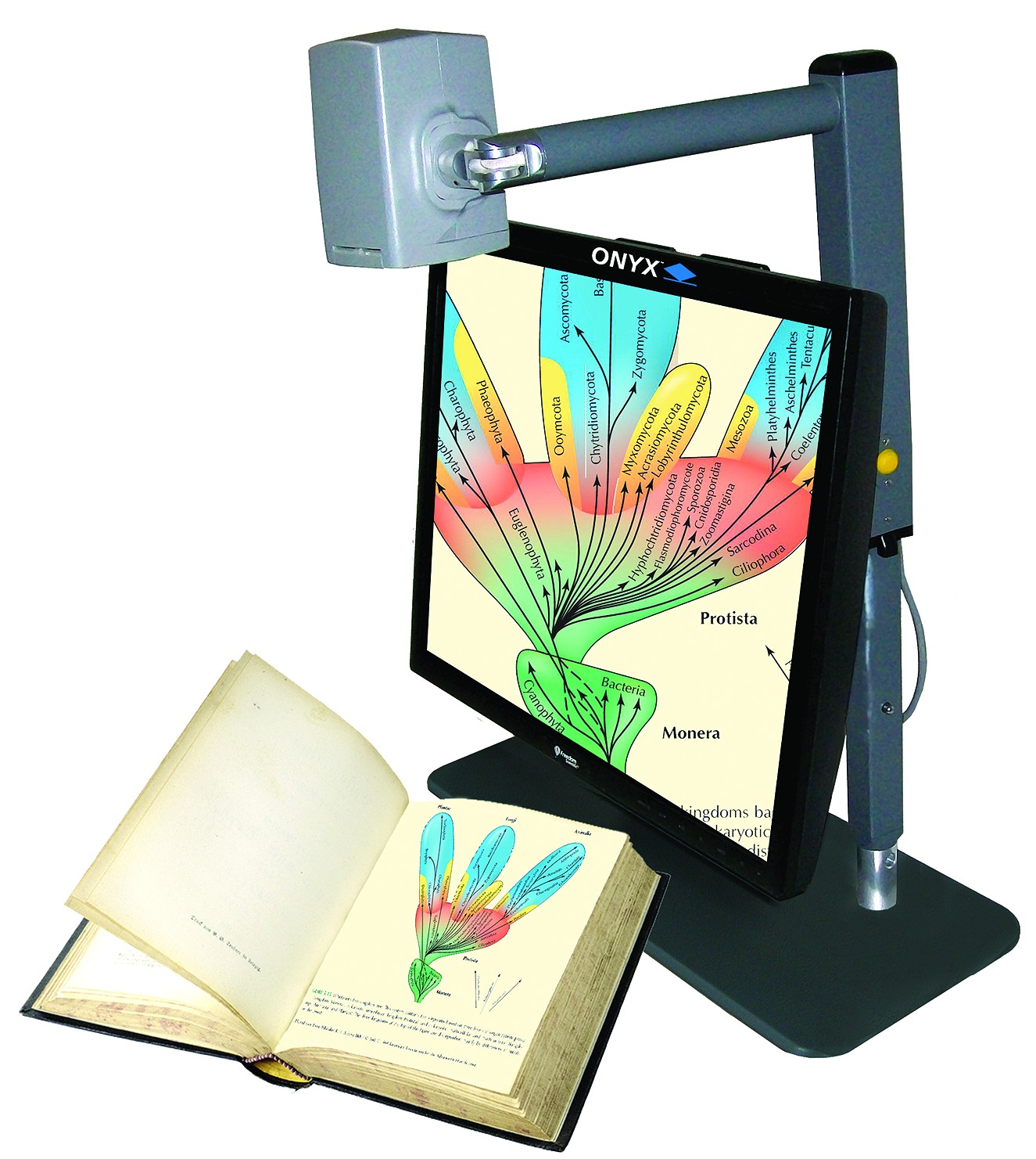 ONYX Deskset with a book under the camera, being magnified displayed on screen.