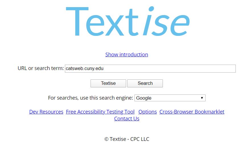Textise website with search box filled with "catsweb.cuny.edu". 