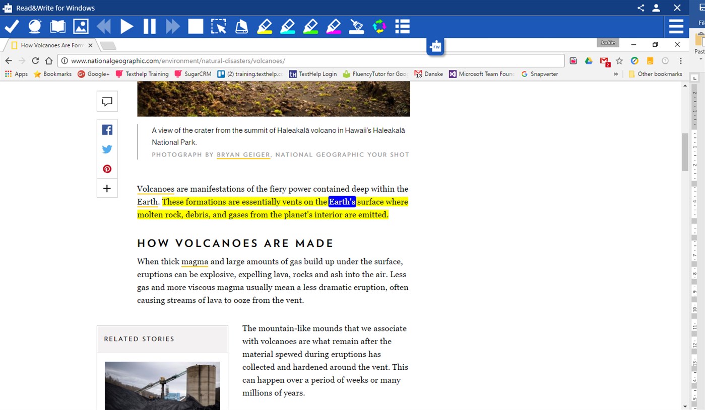 Read and Write God Toolbar hovering over a browser as it reads and highlights text on a website.
